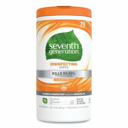 SEVENTH GENERATION Botanical Disinfecting Wipes, 7 x 8, Lemongrass Citrus, 70 Count, 6PK SEV 22813